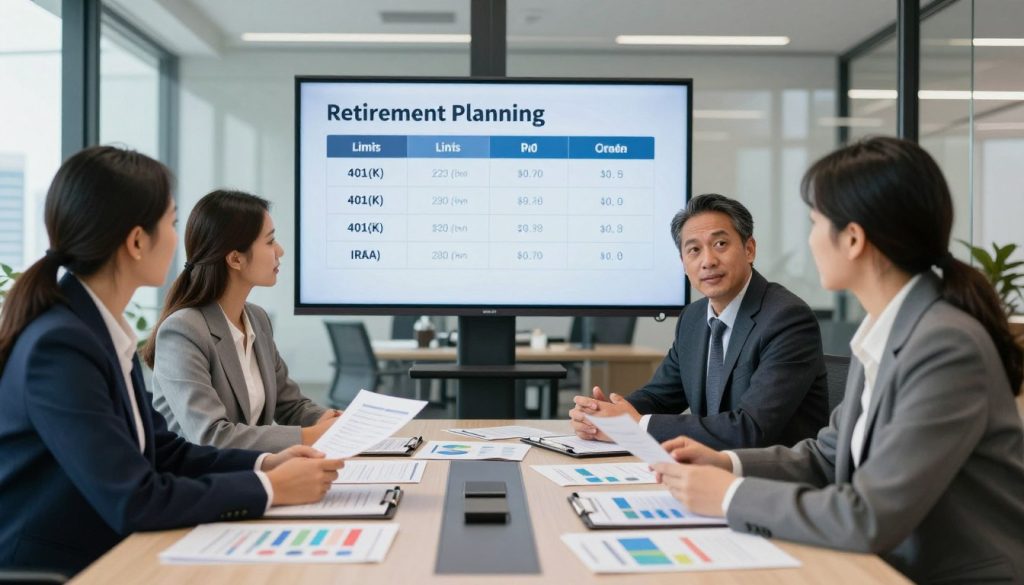 A professional office setting with a focus on retirement planning. In the foreground, a diverse group of three business professionals, dressed in smart business attire, are engaged in a discussion around a conference table cluttered with financial documents and colorful infographics comparing 401(k) plans and IRAs. In the middle ground, a large wall-mounted screen displays clear visuals illustrating contribution limits and eligibility criteria. The background features a sleek, modern office with glass walls, a view of a city skyline, and soft, natural light streaming in, creating a bright and optimistic atmosphere. The scene conveys a sense of collaboration and financial empowerment, emphasizing the importance of understanding retirement options.