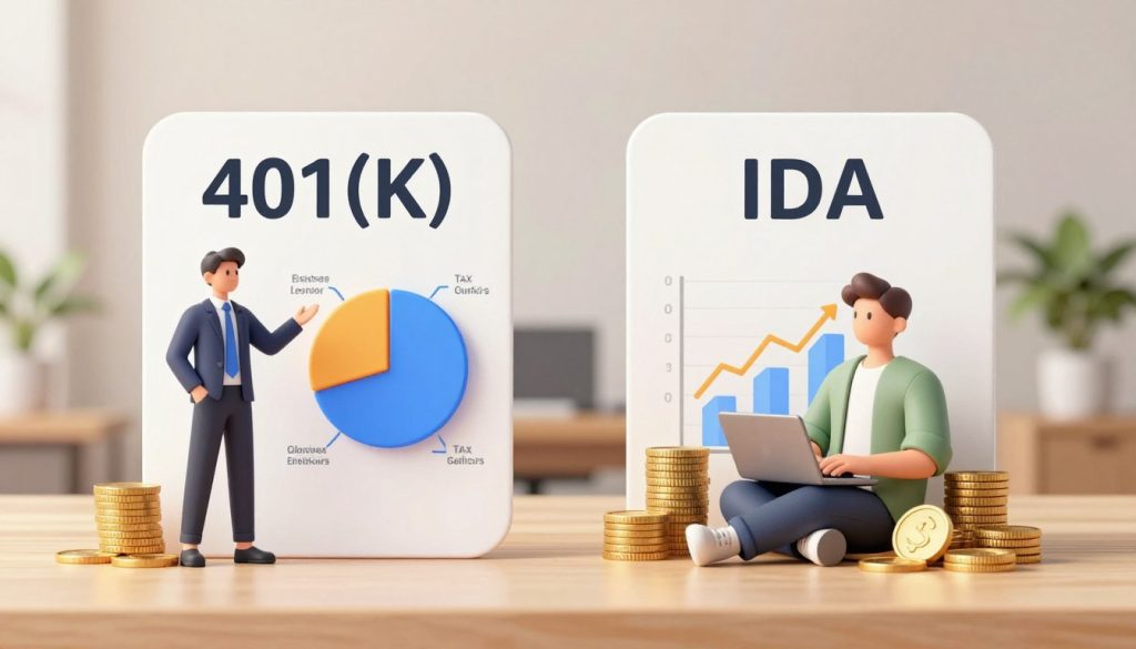 A visually engaging comparison of a 401(k) and an IRA, featuring two distinct graphics side by side. On the left, an illustration of a 401(k) plan represented by a professional business person in formal attire, standing confidently beside a digital pie chart highlighting employer contributions and tax advantages. On the right, an IRA visual with a relaxed yet professional individual in modest casual clothing, surrounded by stacks of coins and a graph illustrating individual tax benefits. The background should reflect a sophisticated office setting with soft, warm lighting to create a trusting atmosphere. The scene is framed in a clear perspective, emphasizing both financial options equally, with subtle shadows for depth. Aim for clarity and brightness to enhance understanding.
