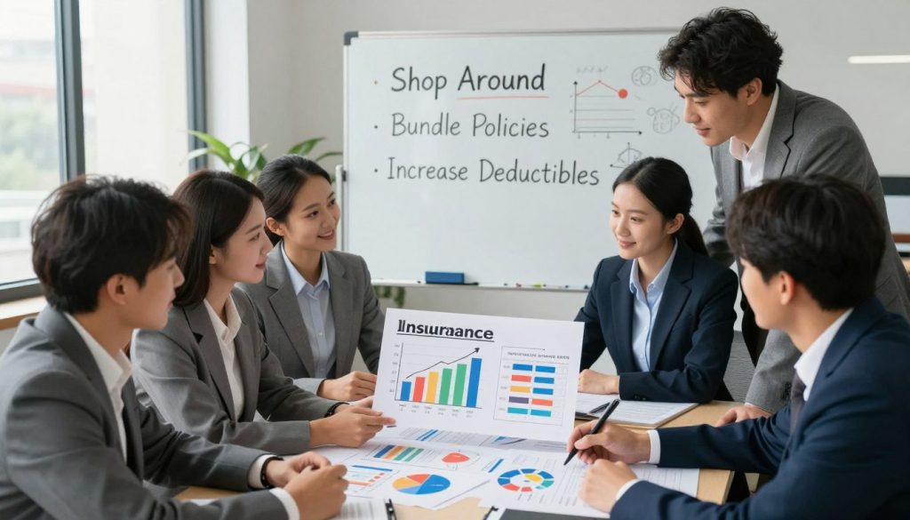 A visually engaging image illustrating practical ways to reduce insurance premiums. In the foreground, a diverse group of professionals (in business attire) is gathered around a table, examining colorful charts and graphs displaying insurance savings strategies. The middle ground features a whiteboard filled with clear, actionable points like "Shop Around," "Bundle Policies," and "Increase Deductibles." The background features a welcoming office environment, with soft natural lighting filtering through large windows. The overall atmosphere is one of collaboration and positivity, emphasizing smart financial decisions. Use a slight top-down angle to capture the interactions and details of the visual aids effectively, creating an inviting and informative scene.
