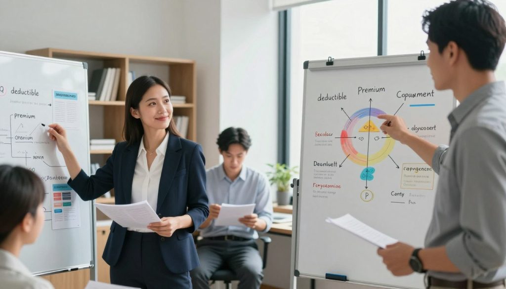 A visually engaging office setting depicting a diverse group of professionals collaborating to demystify insurance jargon. In the foreground, a confident businesswoman in professional attire is pointing at a large, simplified chart of insurance terms, such as "deductible," "premium," and "copayment." In the middle, a focused businessman is analyzing documents, while another colleague gestures towards a whiteboard filled with straightforward definitions and colorful diagrams. The background features shelves with books and insurance brochures, enhancing the educational atmosphere. Soft, natural lighting streams in from a large window, casting gentle shadows and creating a calm, approachable mood. The overall composition promotes clarity and understanding, making complicated terms accessible in a friendly environment. A visually engaging office setting depicting a diverse group of professionals collaborating to demystify insurance jargon. In the foreground, a confident businesswoman in professional attire is pointing at a large, simplified chart of insurance terms, such as "deductible," "premium," and "copayment." In the middle, a focused businessman is analyzing documents, while another colleague gestures towards a whiteboard filled with straightforward definitions and colorful diagrams. The background features shelves with books and insurance brochures, enhancing the educational atmosphere. Soft, natural lighting streams in from a large window, casting gentle shadows and creating a calm, approachable mood. The overall composition promotes clarity and understanding, making complicated terms accessible in a friendly environment.