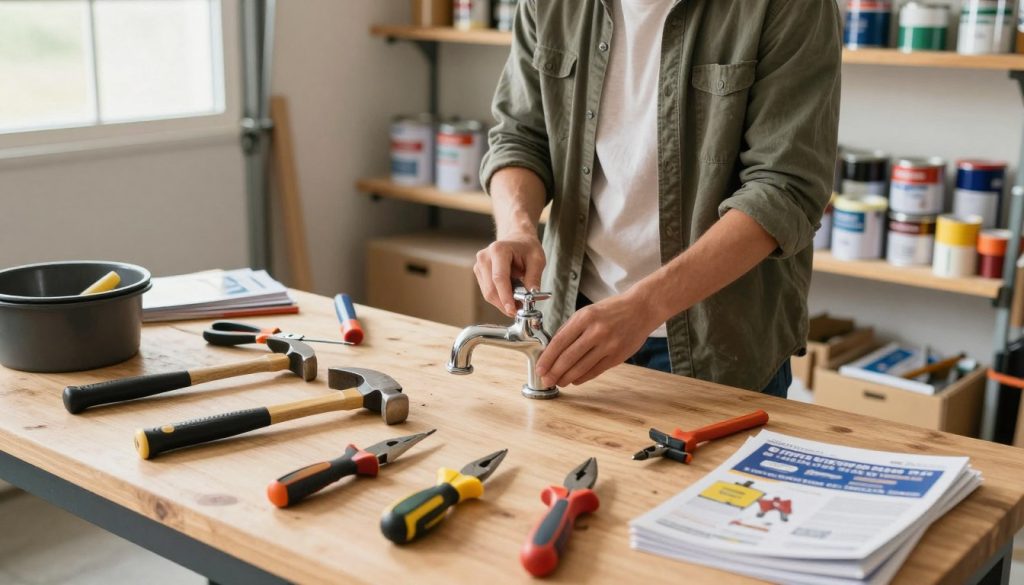 A well-organized DIY home repair workspace featuring a bright, well-lit garage or tool shed. In the foreground, an assortment of affordable repair tools like a hammer, screwdriver, and pliers are scattered on a wooden workbench. In the middle, a person in modest casual clothing, focusing on a home repair task like fixing a leaky faucet, stands with hands-on tools, demonstrating a practical approachable technique. The background showcases neatly arranged shelves filled with paint cans, duct tape, and repair manuals, enhancing the DIY atmosphere. Soft, natural lighting filters through a window, creating a warm and inviting mood. The angle captures the workspace from slightly above, emphasizing both the tools and the person, inspiring confidence in safe, efficient home repairs. A well-organized DIY home repair workspace featuring a bright, well-lit garage or tool shed. In the foreground, an assortment of affordable repair tools like a hammer, screwdriver, and pliers are scattered on a wooden workbench. In the middle, a person in modest casual clothing, focusing on a home repair task like fixing a leaky faucet, stands with hands-on tools, demonstrating a practical approachable technique. The background showcases neatly arranged shelves filled with paint cans, duct tape, and repair manuals, enhancing the DIY atmosphere. Soft, natural lighting filters through a window, creating a warm and inviting mood. The angle captures the workspace from slightly above, emphasizing both the tools and the person, inspiring confidence in safe, efficient home repairs.