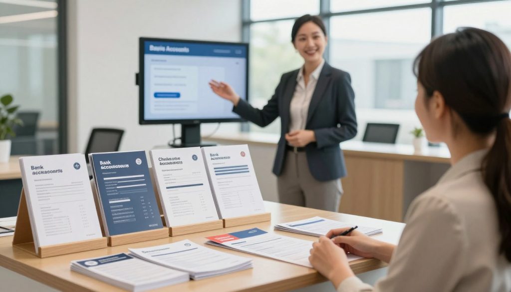 A well-organized display of various types of bank accounts, including savings accounts, checking accounts, and investment accounts, set in a professional, modern bank office environment. In the foreground, a neatly arranged table showcasing brochures and account cards, with a soft-focus personal finance planner. In the middle, a friendly bank representative in professional attire, gesturing towards a digital screen displaying account options. The background features large windows letting in natural light, illuminating the space and creating an inviting atmosphere. The color palette is warm and neutral, promoting a sense of trust and comfort. The scene is shot from a slightly elevated angle, ensuring clarity and focus on the accounts being discussed, evoking a friendly and educational mood. A well-organized display of various types of bank accounts, including savings accounts, checking accounts, and investment accounts, set in a professional, modern bank office environment. In the foreground, a neatly arranged table showcasing brochures and account cards, with a soft-focus personal finance planner. In the middle, a friendly bank representative in professional attire, gesturing towards a digital screen displaying account options. The background features large windows letting in natural light, illuminating the space and creating an inviting atmosphere. The color palette is warm and neutral, promoting a sense of trust and comfort. The scene is shot from a slightly elevated angle, ensuring clarity and focus on the accounts being discussed, evoking a friendly and educational mood.