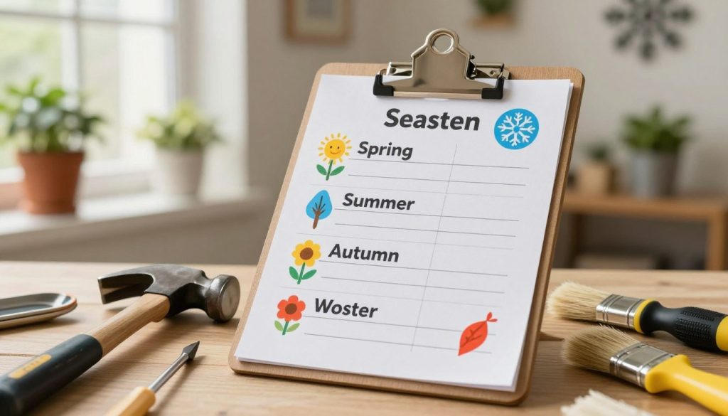A well-organized home maintenance schedule displayed on a wooden clipboard, surrounded by tools such as a hammer, screwdriver, and paintbrush, emphasizing seasonal tasks. The foreground shows the clipboard with a neatly written table for each season: spring, summer, autumn, and winter, with vibrant seasonal icons next to each section. In the middle, a blurred background features a cozy home setting with potted plants and seasonal décor, such as snowflakes for winter and flowers for spring. Soft, natural lighting streams through a nearby window, creating a warm and inviting atmosphere. The mood is constructive and motivational, encouraging homeowners to prepare for seasonal maintenance. The focus is on clarity and organization, making it easy to read and visually appealing.